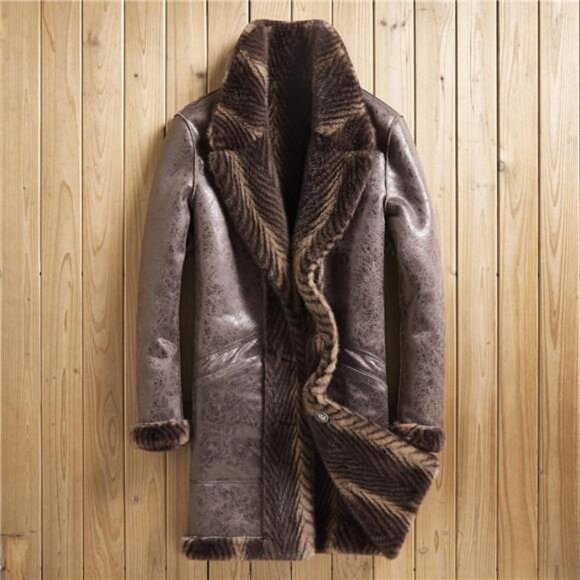 Men's Faux Mink Coat Mid-Length Open Front Single Breasted Reversible Fur Jacket - Picture 4 of 10